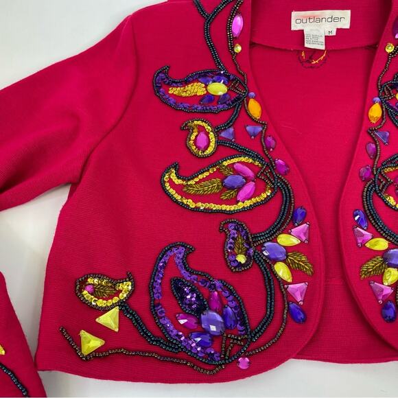 Outlander Vintage Wool Bolero Jacket Medium 80s 90s Beaded Jewel Pink Fancy - Picture 9 of 10